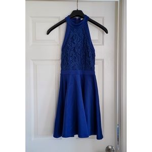 Francesca’s royal blue halter dress with lace
